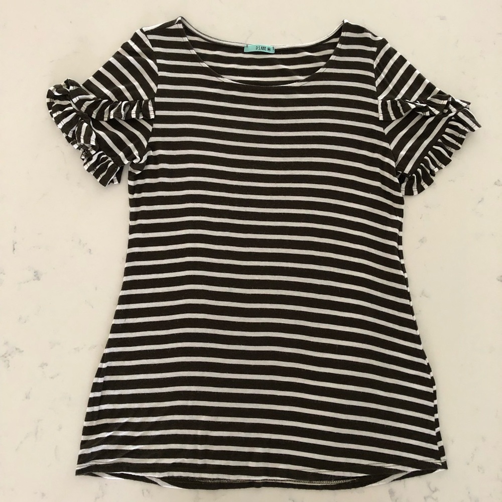 P.S. Kate Short Sleeve Top, Dark Green & White Stripe, Ruffle Sleeves, Small
